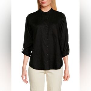 Saks Fifth Avenue Shirt Womens XL Black Linen Roll Tab Sleeve Lagenlook Coastal